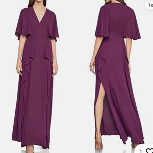 BCBGMaxAzria Cape Sleeve Ruffle Royal Purple Maxi Dress